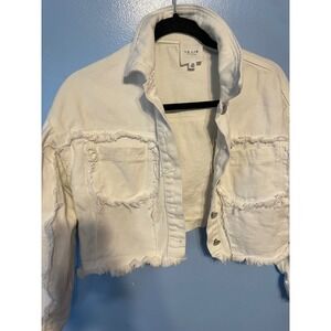 Le Lis Collection White Distressed Cropped Denim Jacket Womens XS Raw Hem